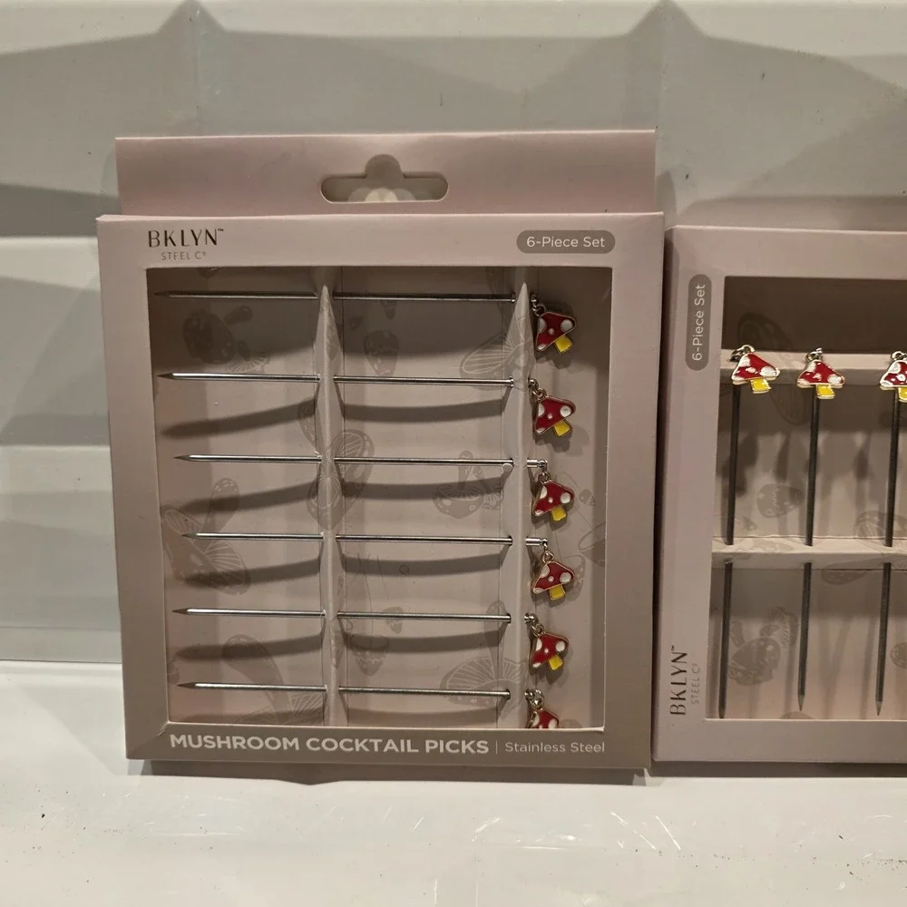 2 BKLYN Steel Co Cocktail Picks Set of 6 Mushrooms Martinis Appetizers Stainless